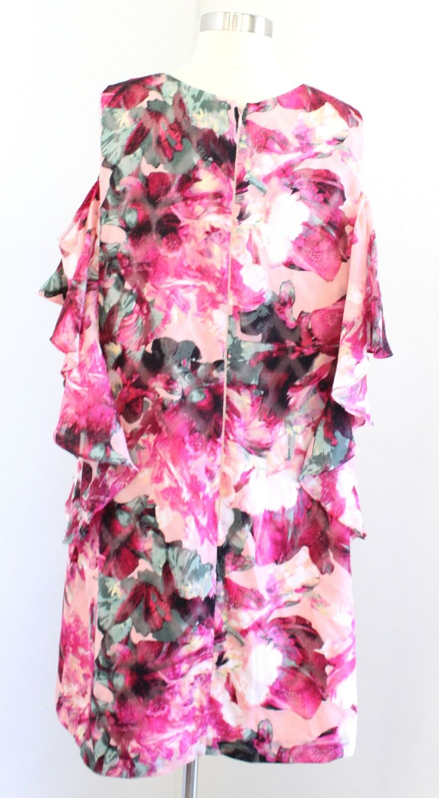 Tahari ASL Levine Pink Abstract Floral Ruffle Cold Shoulder Shift Dress Size 12