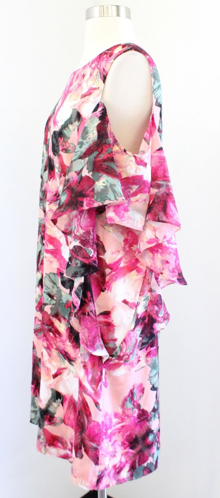 Tahari ASL Levine Pink Abstract Floral Ruffle Cold Shoulder Shift Dress Size 12