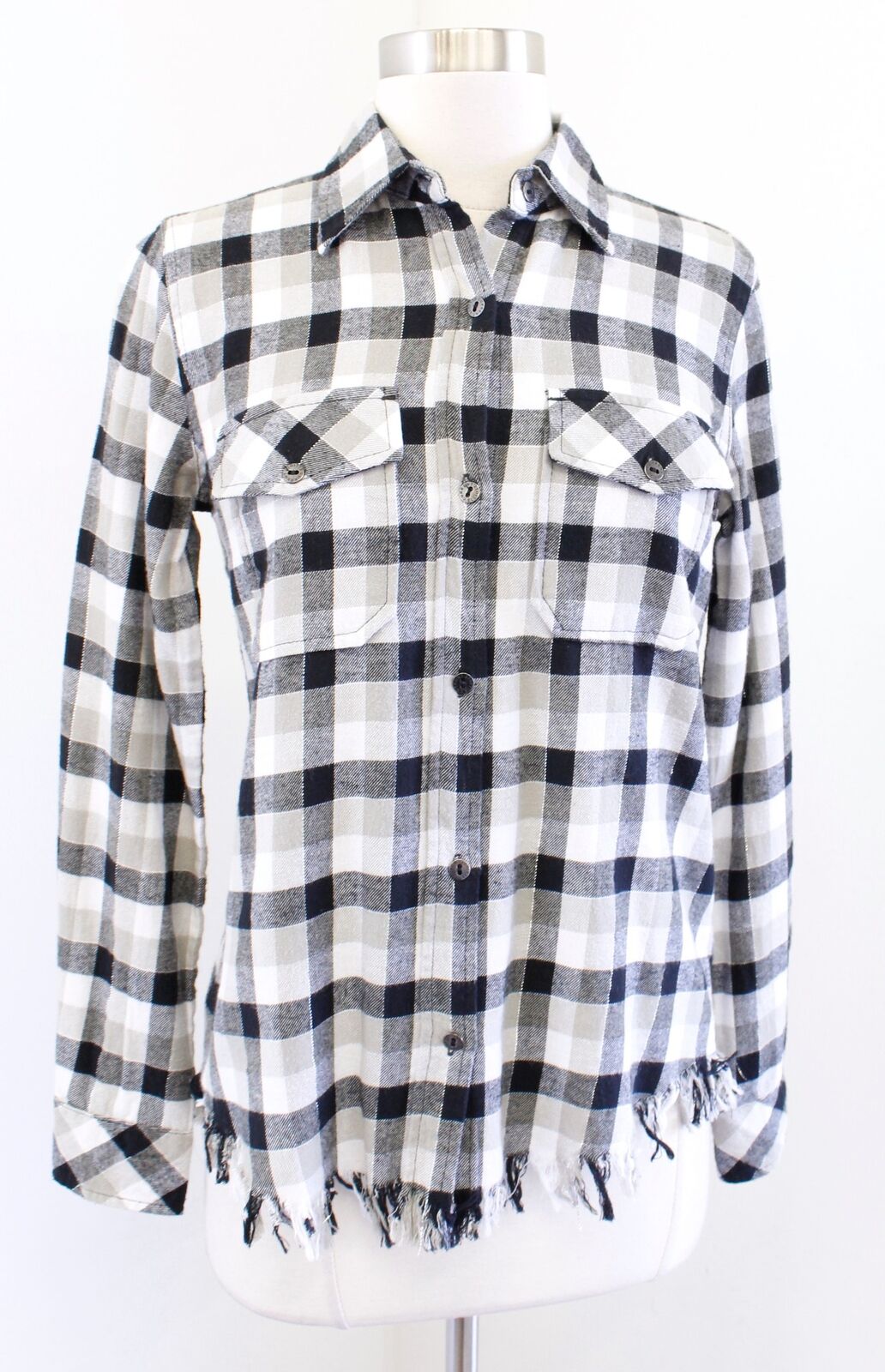 Current Elliott Perfect Plaid Frayed Hem Metallic Fringe Button Front Shirt Sz 0 Long Sleeve