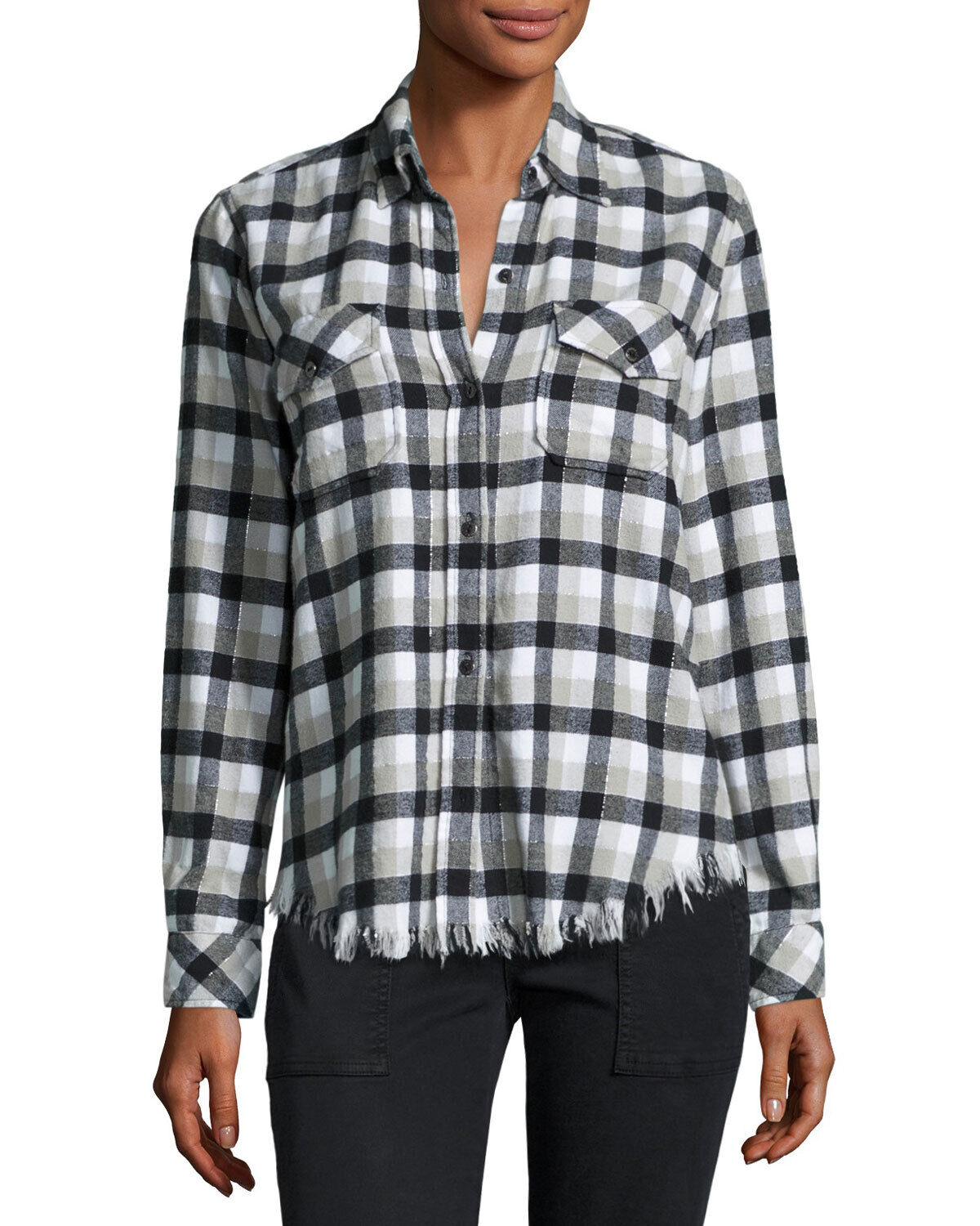 Current Elliott Perfect Plaid Frayed Hem Metallic Fringe Button Front Shirt Sz 0 Long Sleeve
