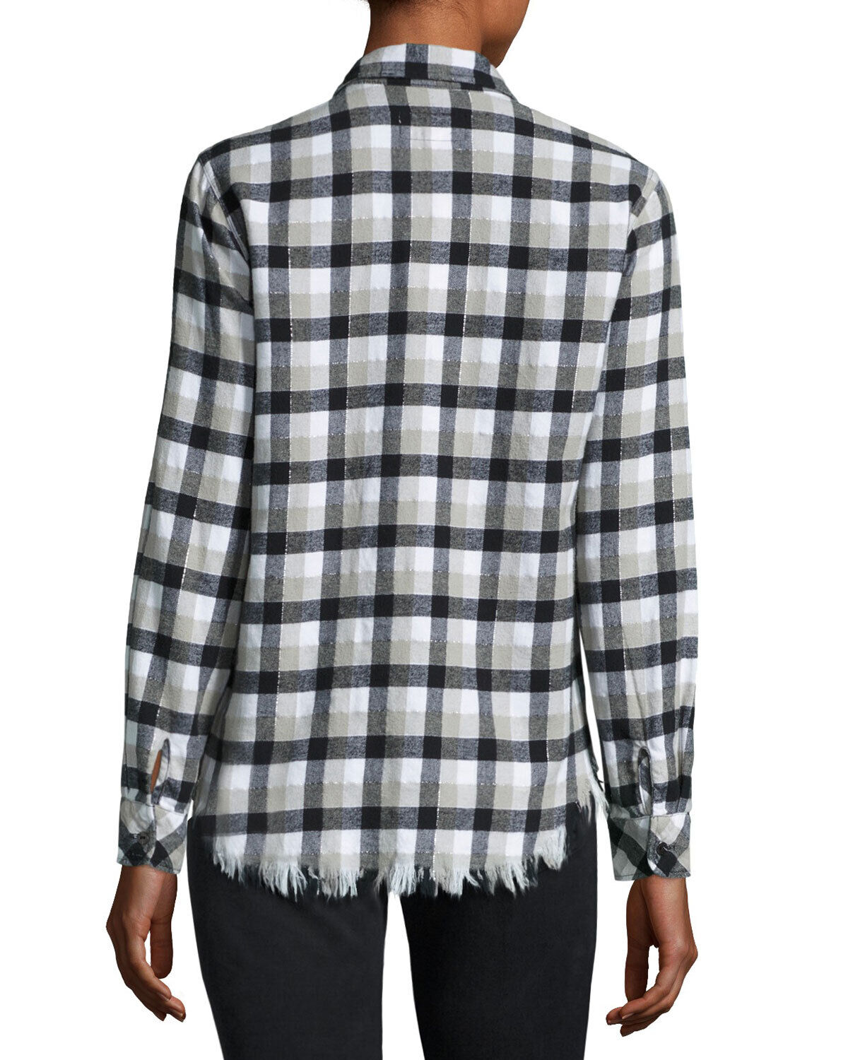 Current Elliott Perfect Plaid Frayed Hem Metallic Fringe Button Front Shirt Sz 0 Long Sleeve