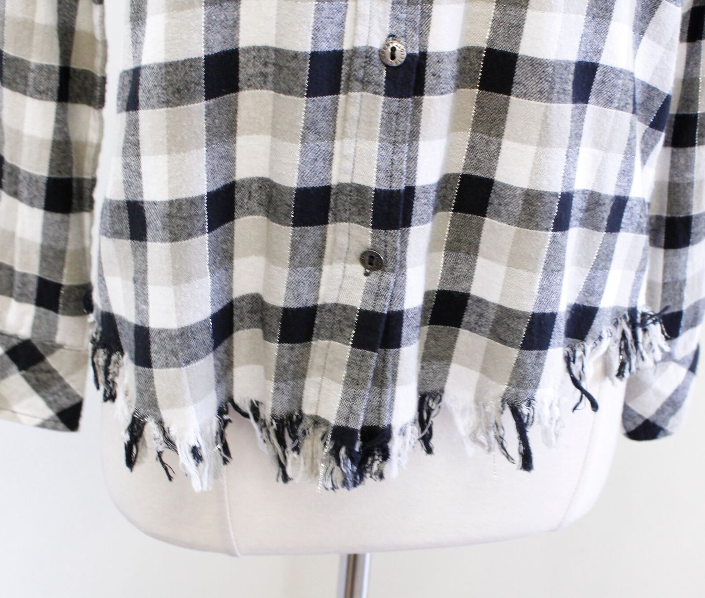 Current Elliott Perfect Plaid Frayed Hem Metallic Fringe Button Front Shirt Sz 0 Long Sleeve