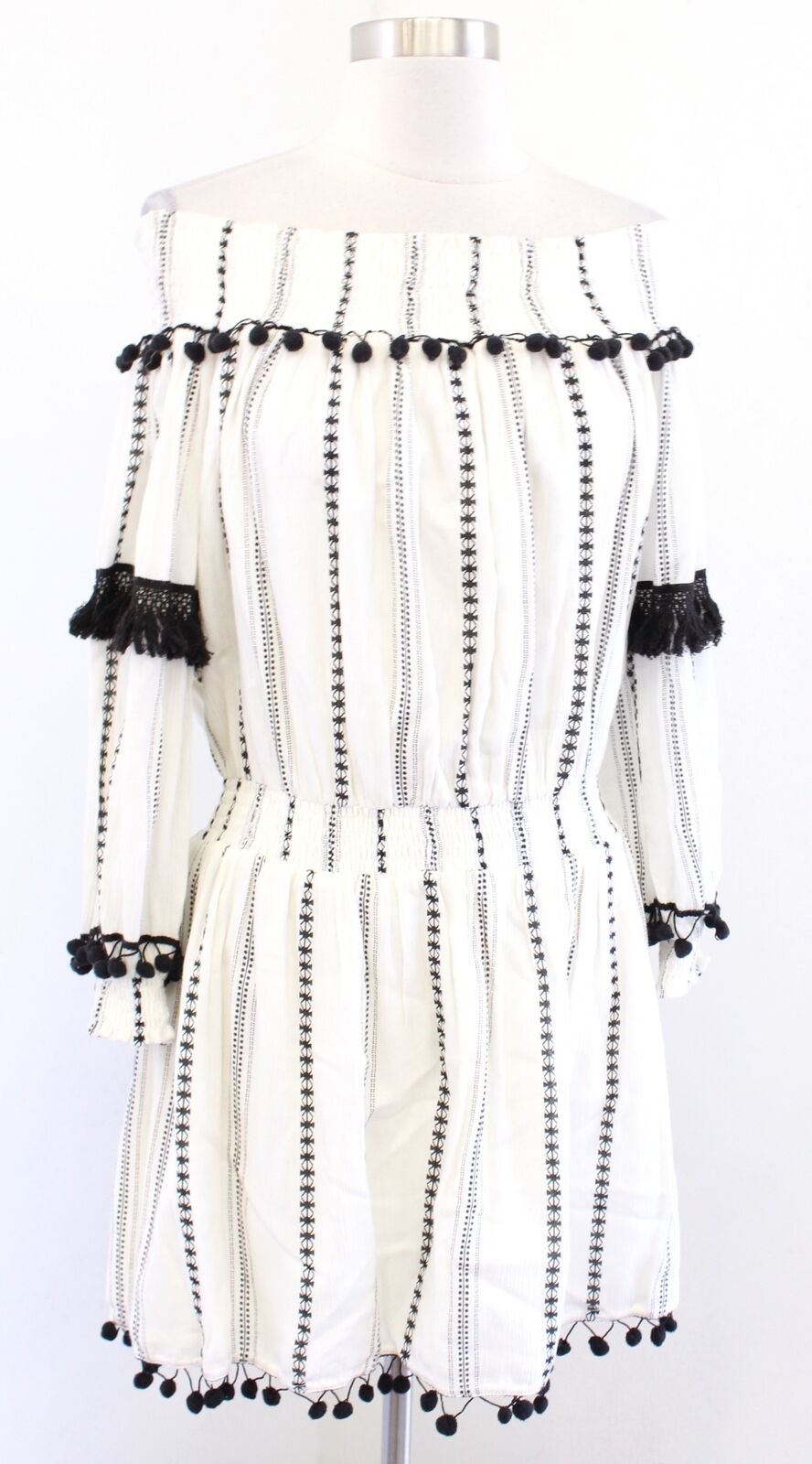 Tularosa Jacqueline Black Ivory Embroidered Pompom Fringe Off Shoulder Dress XS