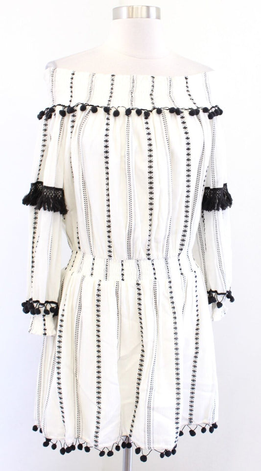 Tularosa Jacqueline Black Ivory Embroidered Pompom Fringe Off Shoulder Dress XS