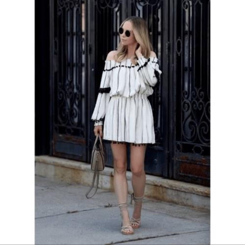 Tularosa Jacqueline Black Ivory Embroidered Pompom Fringe Off Shoulder Dress XS