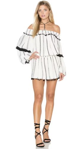 Tularosa Jacqueline Black Ivory Embroidered Pompom Fringe Off Shoulder Dress XS
