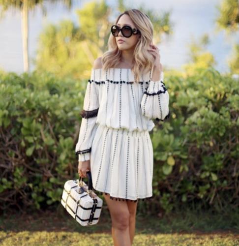 Tularosa Jacqueline Black Ivory Embroidered Pompom Fringe Off Shoulder Dress XS
