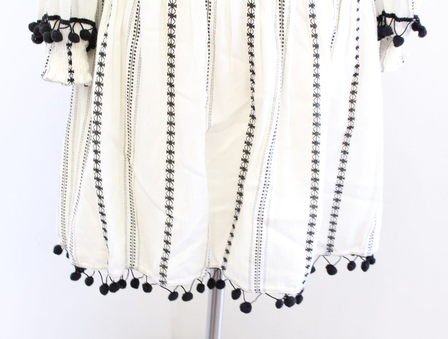 Tularosa Jacqueline Black Ivory Embroidered Pompom Fringe Off Shoulder Dress XS