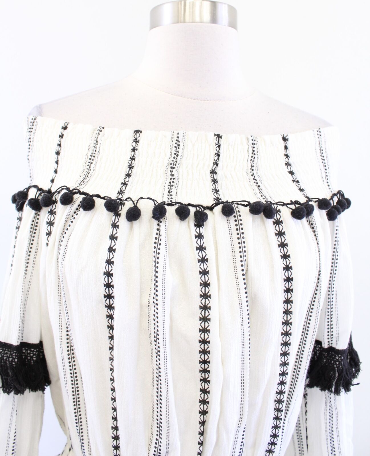 Tularosa Jacqueline Black Ivory Embroidered Pompom Fringe Off Shoulder Dress XS