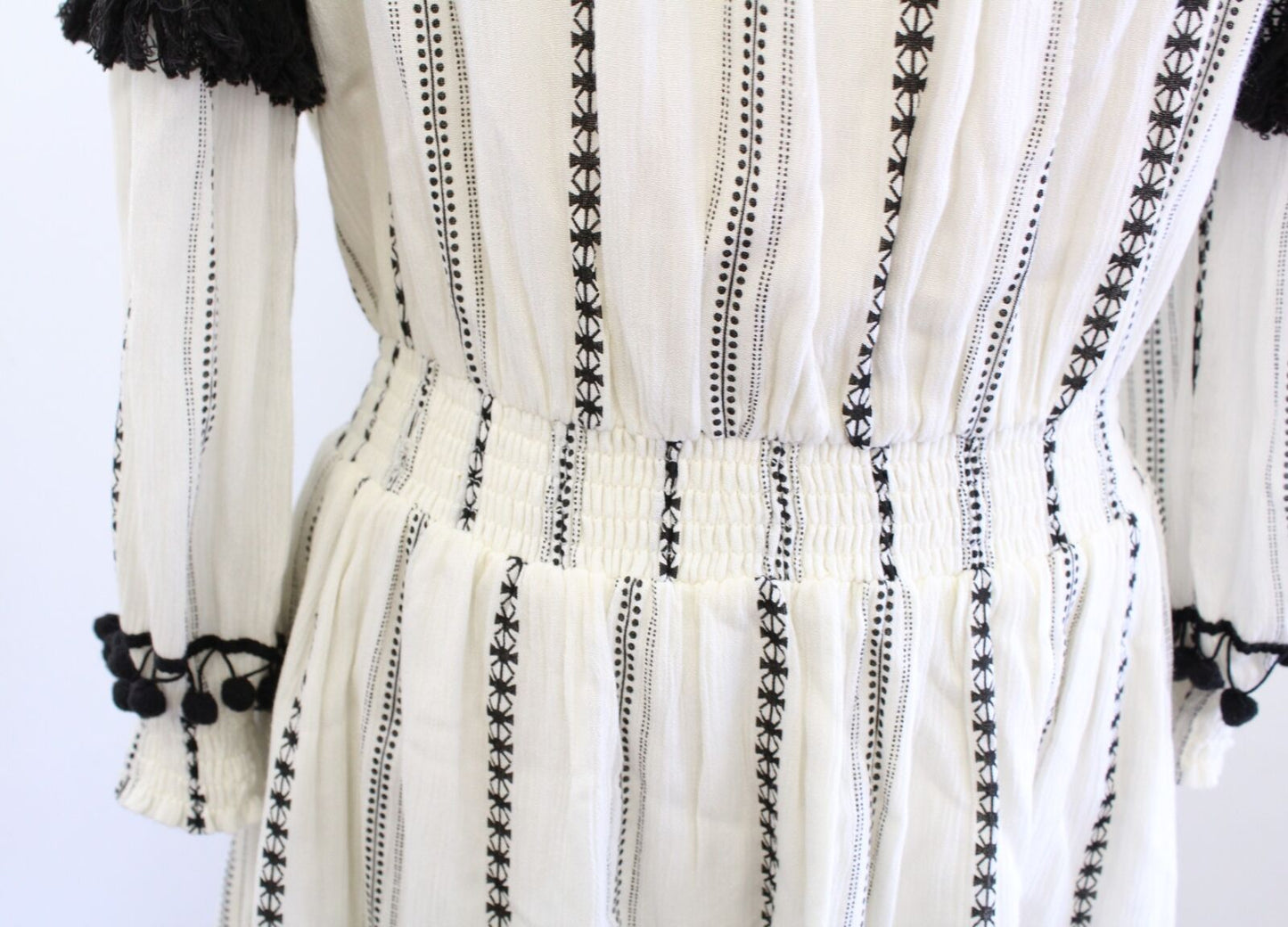 Tularosa Jacqueline Black Ivory Embroidered Pompom Fringe Off Shoulder Dress XS