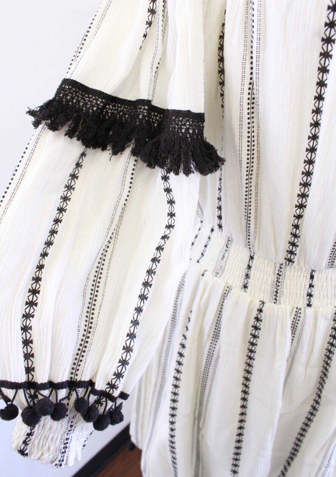 Tularosa Jacqueline Black Ivory Embroidered Pompom Fringe Off Shoulder Dress XS