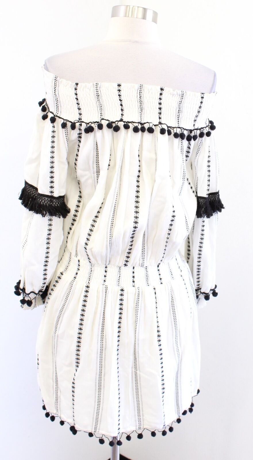 Tularosa Jacqueline Black Ivory Embroidered Pompom Fringe Off Shoulder Dress XS