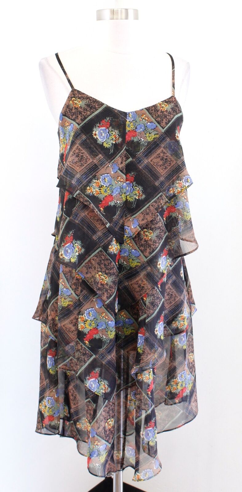 Free People Daisy Chain Black Brown Floral Plaid Ruffle Asymmetric Tier Dress 4