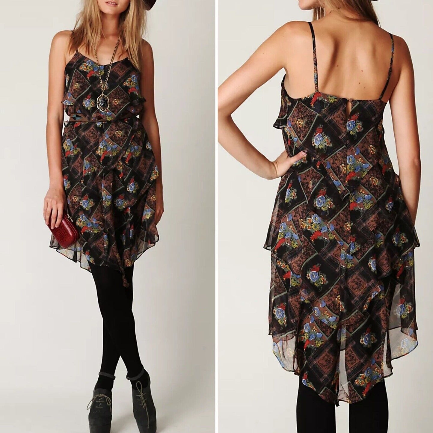 Free People Daisy Chain Black Brown Floral Plaid Ruffle Asymmetric Tier Dress 4