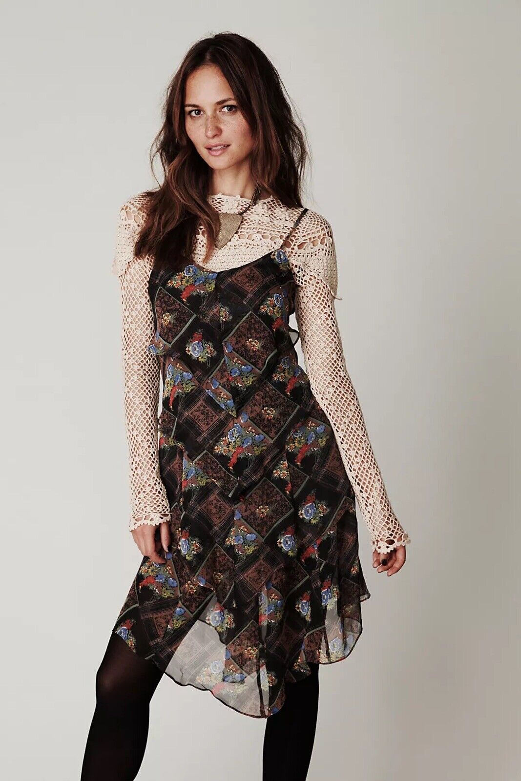 Free People Daisy Chain Black Brown Floral Plaid Ruffle Asymmetric Tier Dress 4