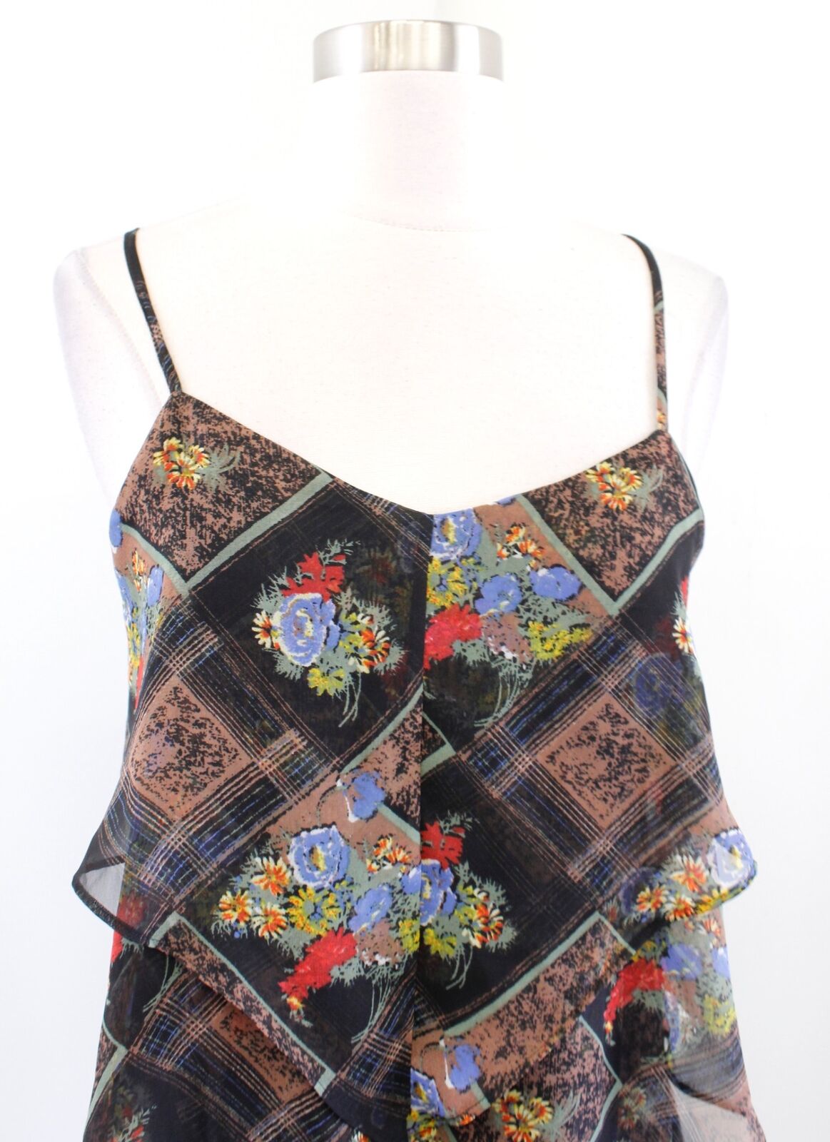 Free People Daisy Chain Black Brown Floral Plaid Ruffle Asymmetric Tier Dress 4