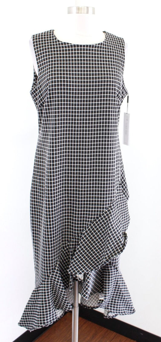 NWT Calvin Klein Black Windowpane Plaid Ruffle Hi Lo Midi Sheath Dress Size 12