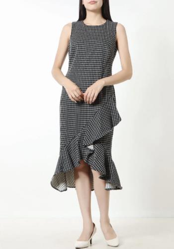 NWT Calvin Klein Black Windowpane Plaid Ruffle Hi Lo Midi Sheath Dress Size 12