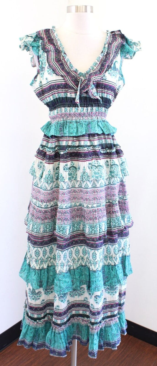 NWT Raga Caravan Ruffle Tiered Maxi Dress Size S Paisley Striped Teal Boho