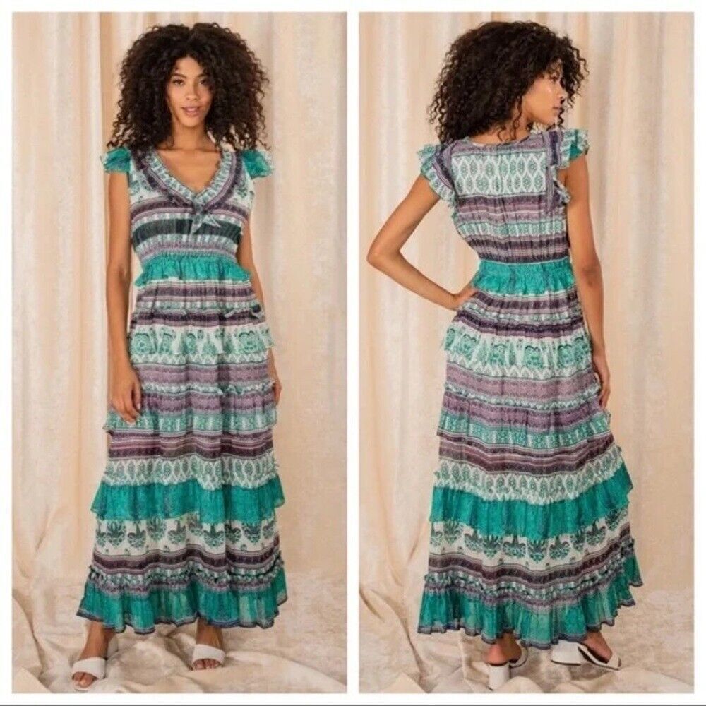 NWT Raga Caravan Ruffle Tiered Maxi Dress Size S Paisley Striped Teal Boho