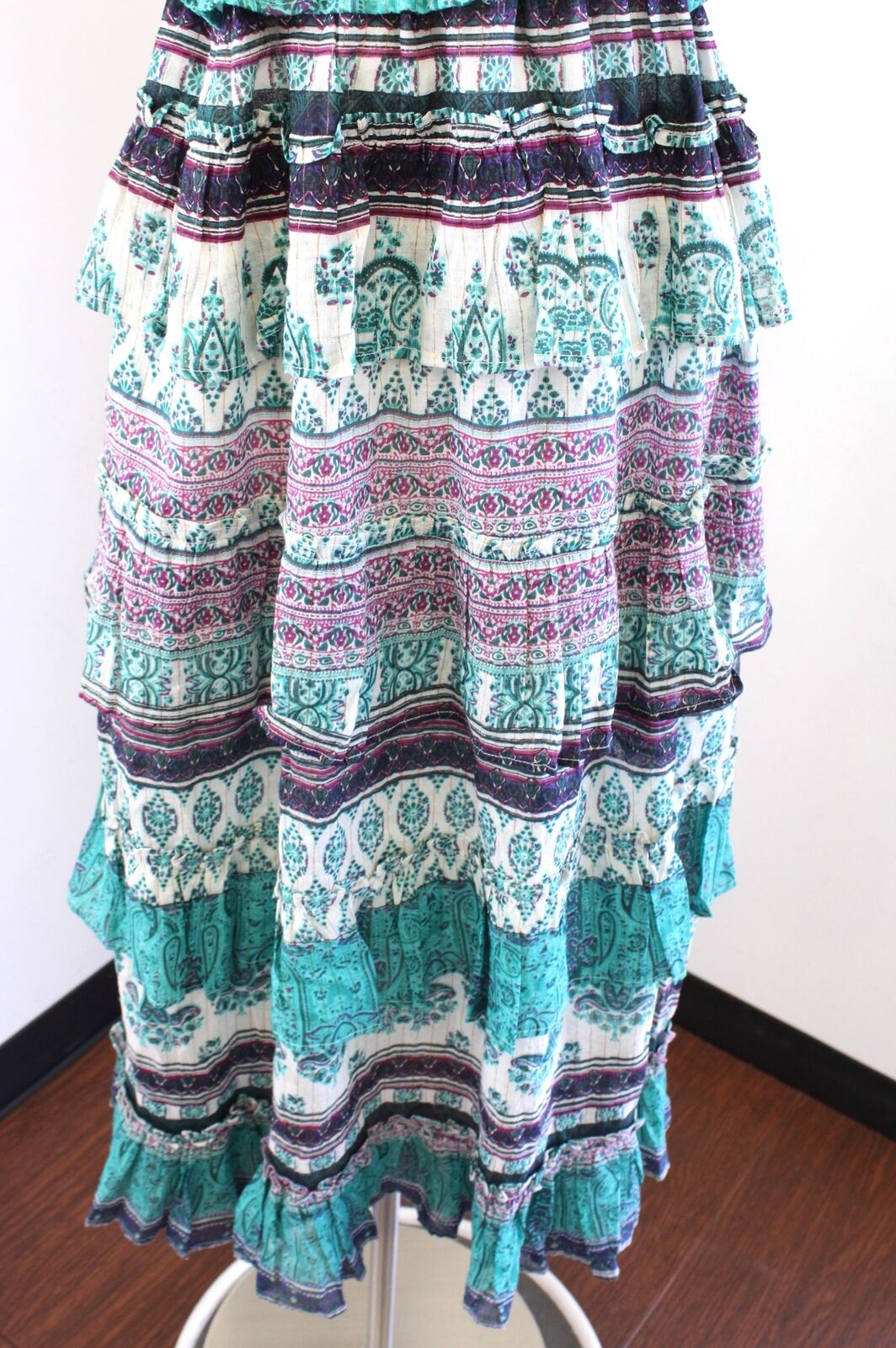 NWT Raga Caravan Ruffle Tiered Maxi Dress Size S Paisley Striped Teal Boho