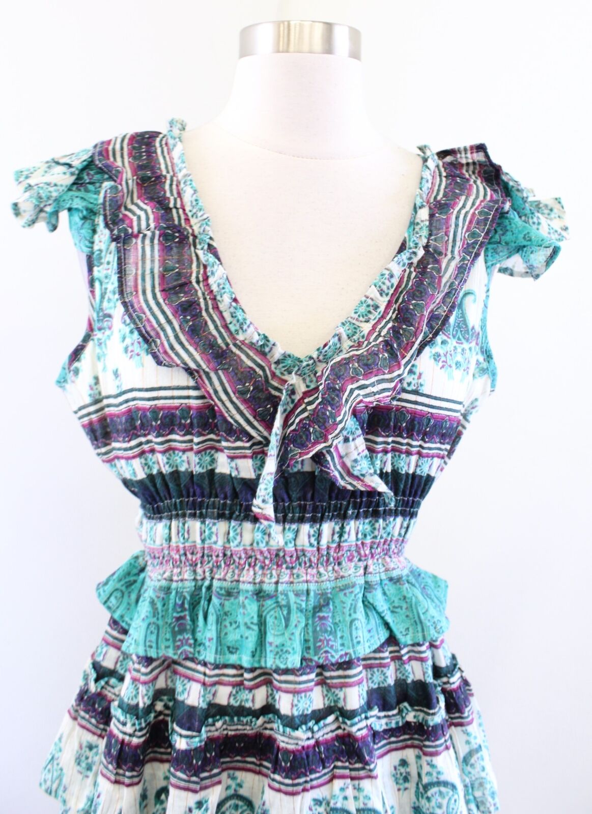 NWT Raga Caravan Ruffle Tiered Maxi Dress Size S Paisley Striped Teal Boho