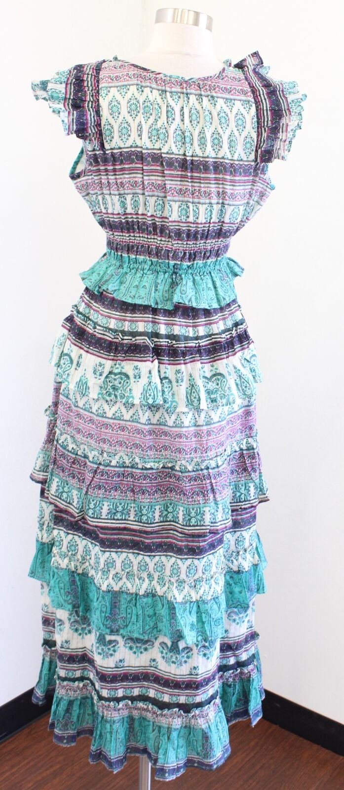 NWT Raga Caravan Ruffle Tiered Maxi Dress Size S Paisley Striped Teal Boho