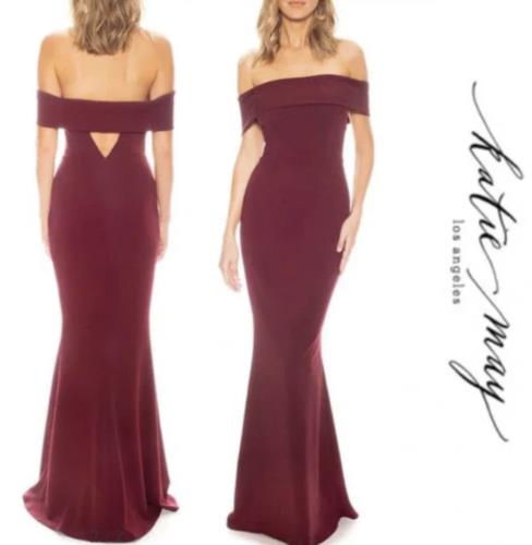 NWT Katie May Bhldn Wine Red Off the Shoulder Gown Formal Dress Size 6 Cutout