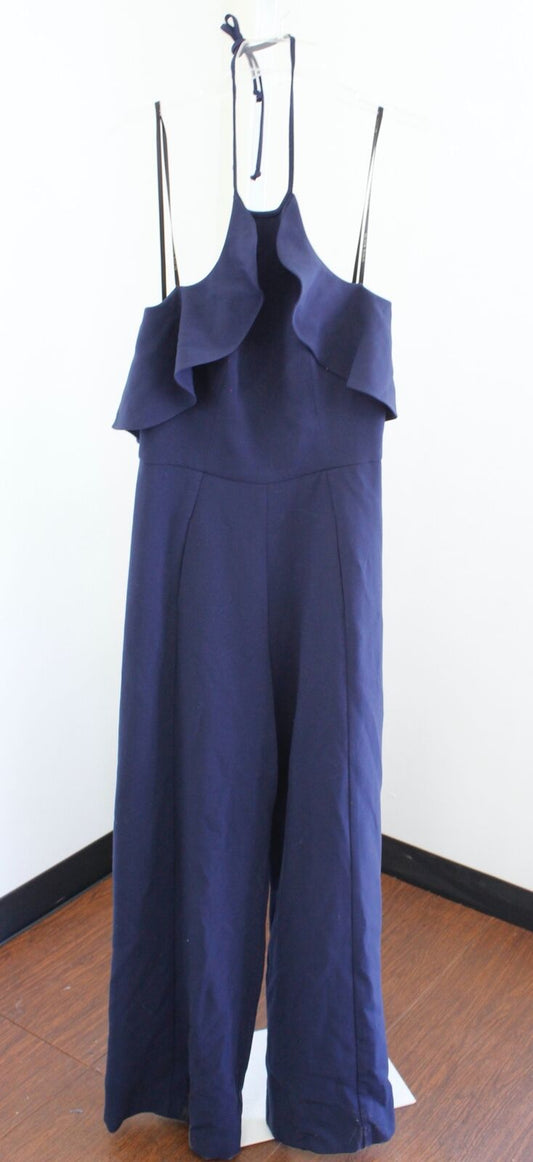 Black Halo Womens Becca Navy Blue Ruffle Halter Wide Leg Jumpsuit Size 6