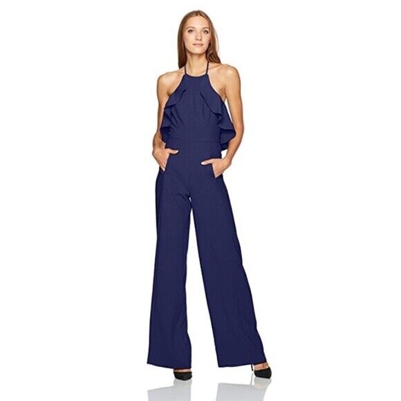 Black Halo Womens Becca Navy Blue Ruffle Halter Wide Leg Jumpsuit Size 6