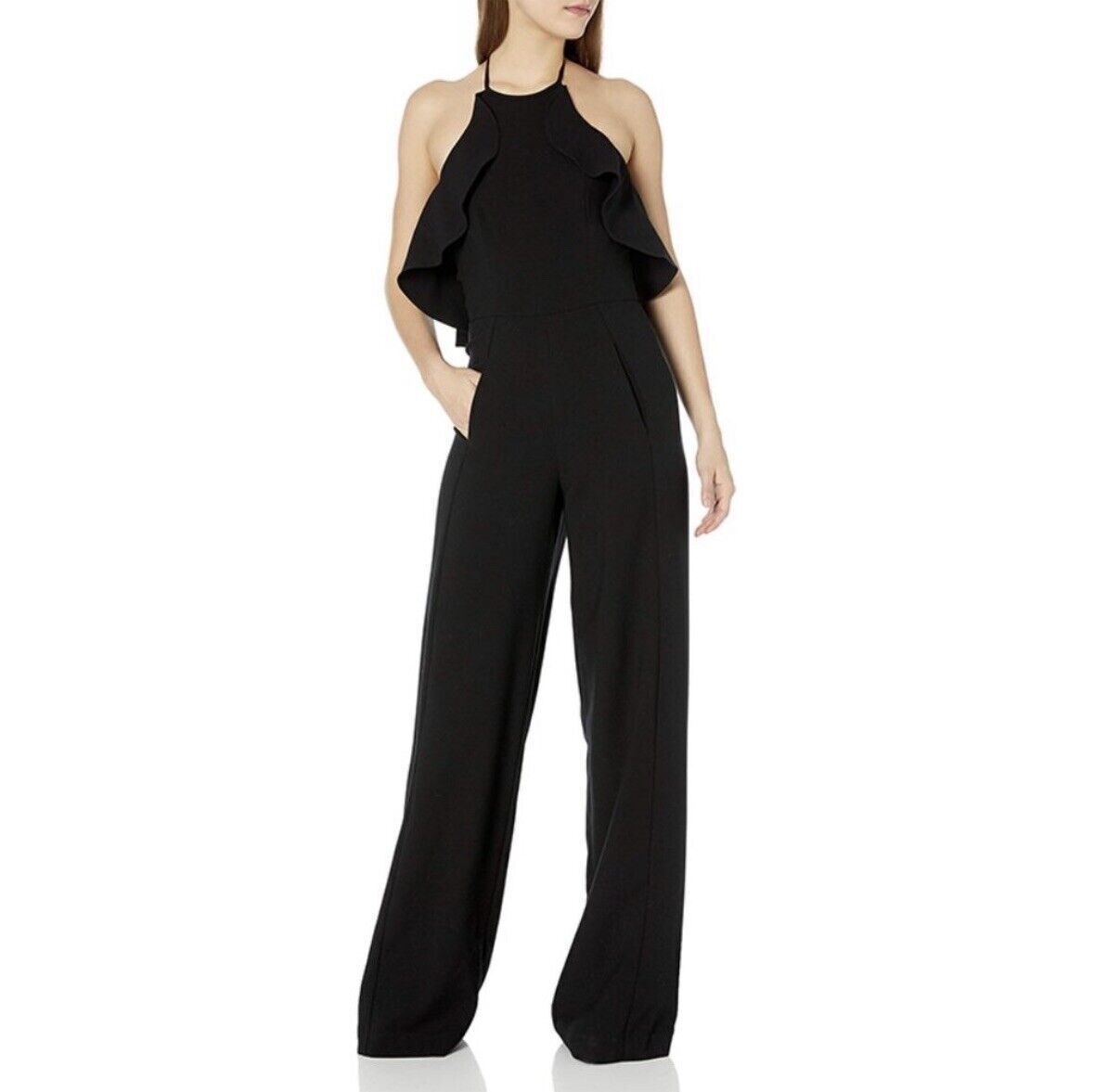 Black Halo Womens Becca Navy Blue Ruffle Halter Wide Leg Jumpsuit Size 6