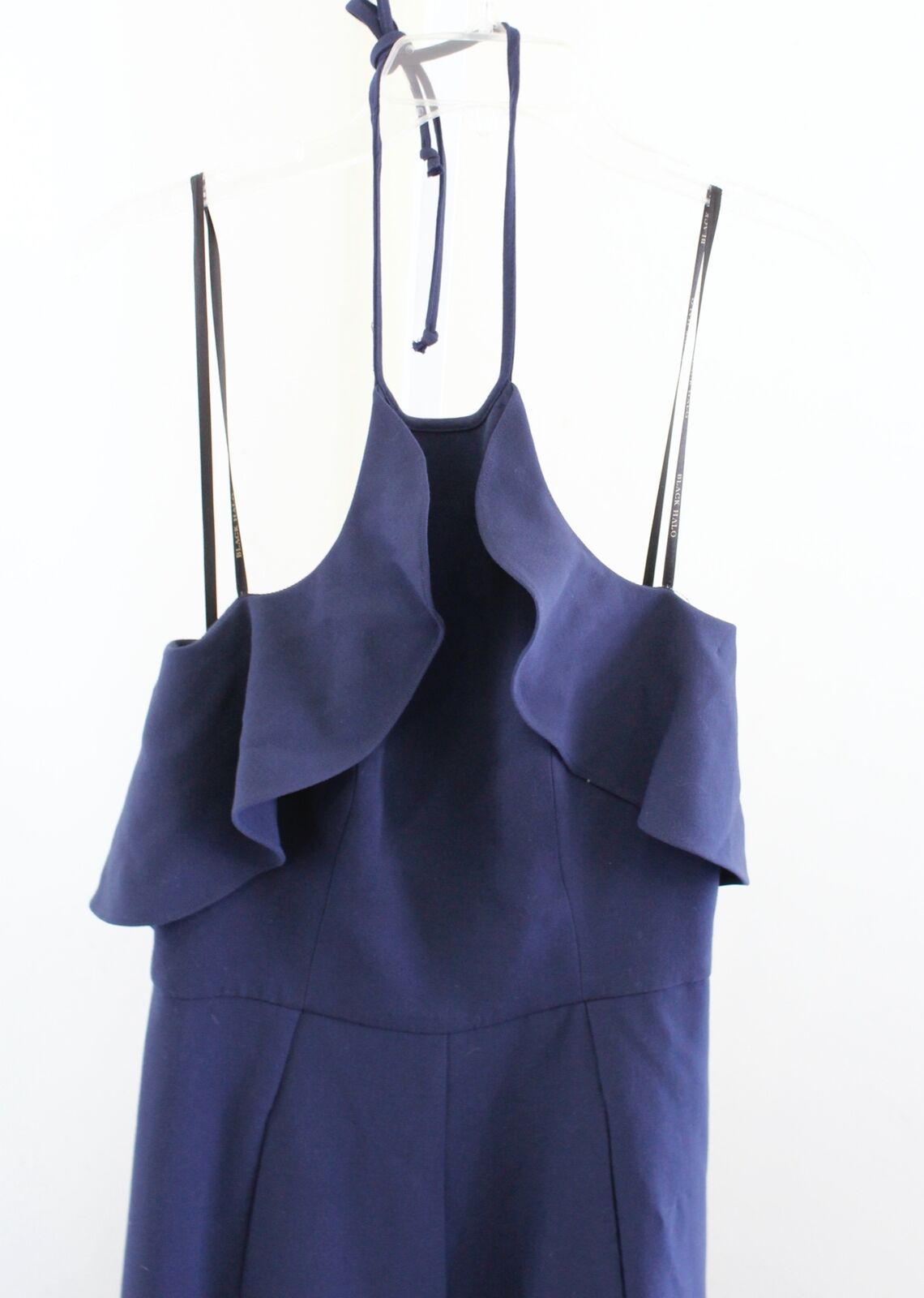 Black Halo Womens Becca Navy Blue Ruffle Halter Wide Leg Jumpsuit Size 6