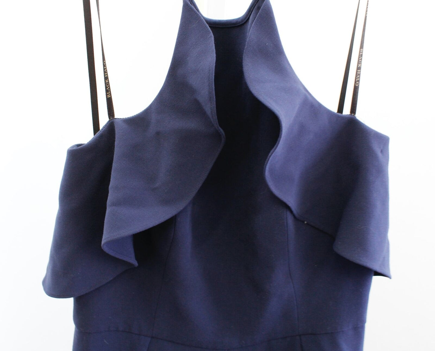 Black Halo Womens Becca Navy Blue Ruffle Halter Wide Leg Jumpsuit Size 6