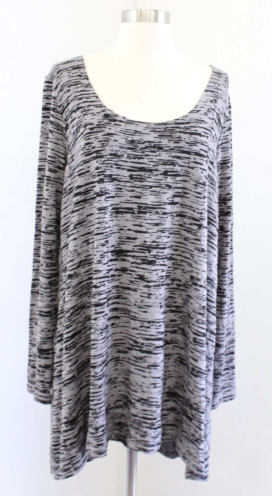 Bryn Walker Gray Black Striped Printed Hi Lo Hem Tunic Top Blouse Size L Long sleeve