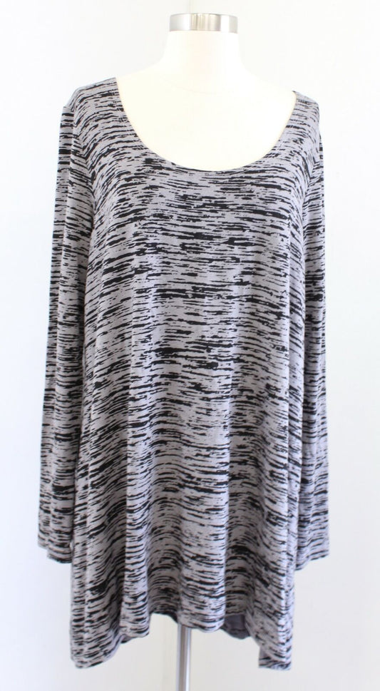 Bryn Walker Gray Black Striped Printed Hi Lo Hem Tunic Top Blouse Size L Long sleeve