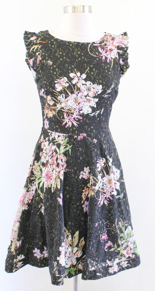 Eri + Ali Anthropologie Navaeh Floral Lace Ruffle Fit and Flare Dress Sz 2 Party