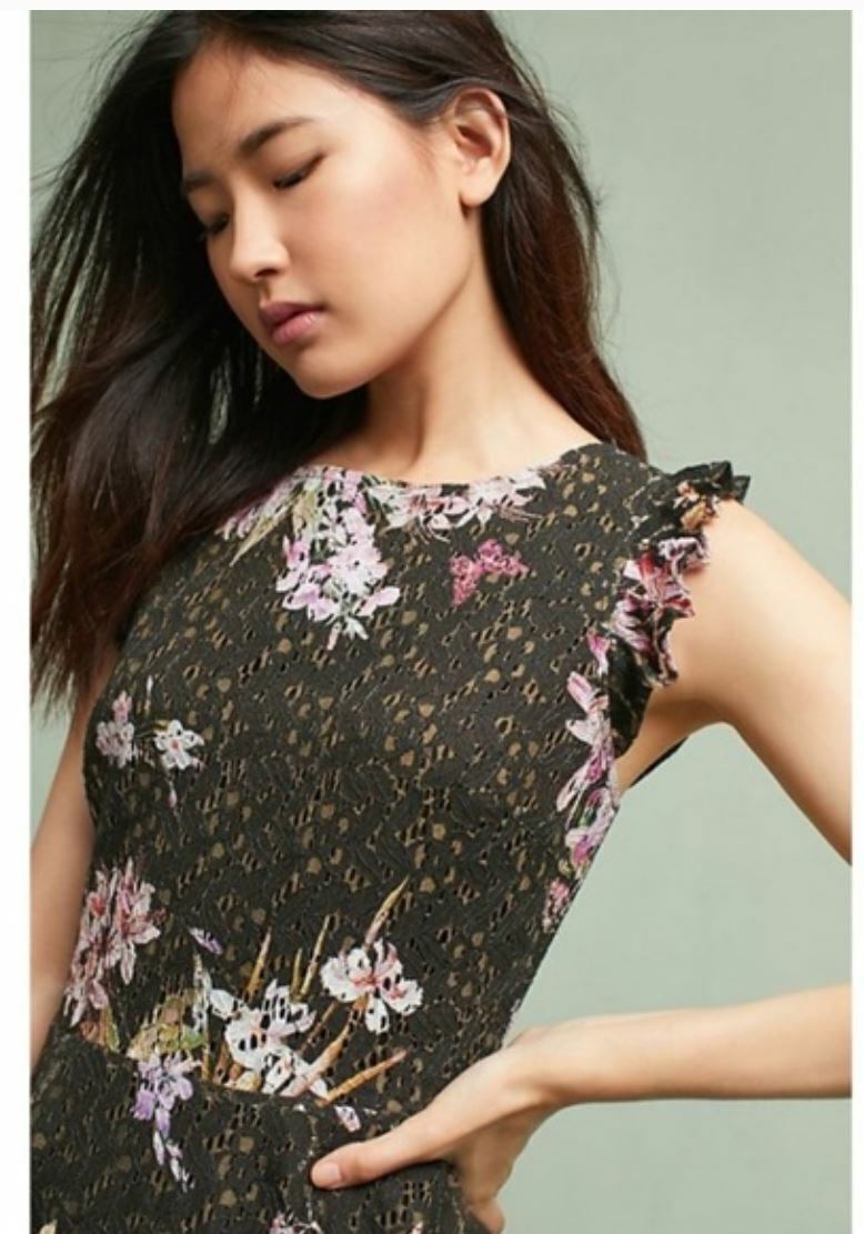 Eri + Ali Anthropologie Navaeh Floral Lace Ruffle Fit and Flare Dress Sz 2 Party