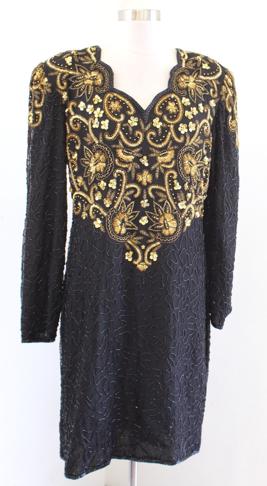 Vtg Laurence Kazar Black Gold Silk Beaded Sequin Scalloped Evening Party Dress L