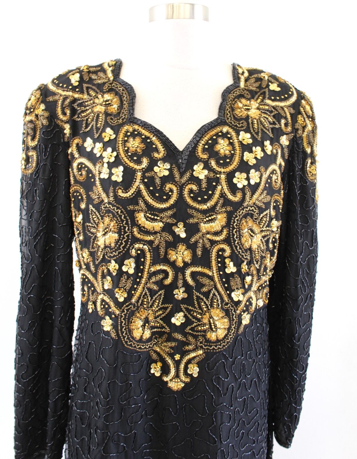 Vtg Laurence Kazar Black Gold Silk Beaded Sequin Scalloped Evening Party Dress L