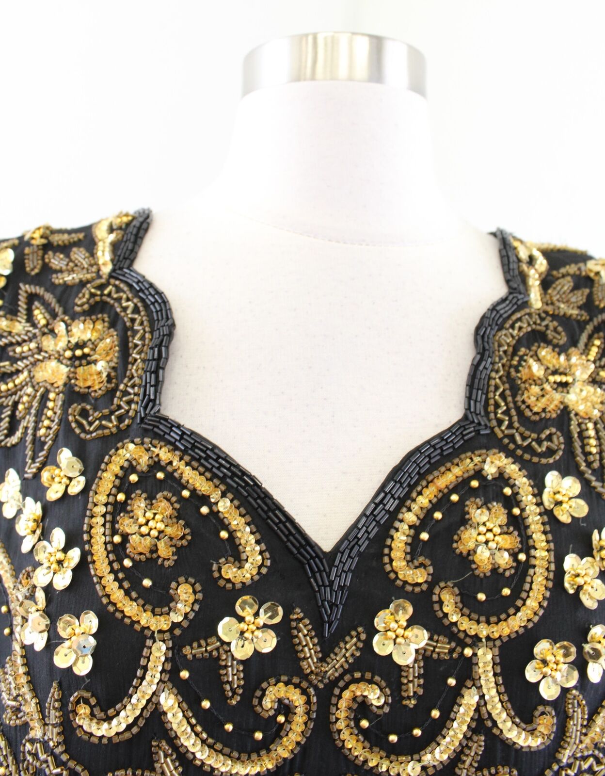 Vtg Laurence Kazar Black Gold Silk Beaded Sequin Scalloped Evening Party Dress L