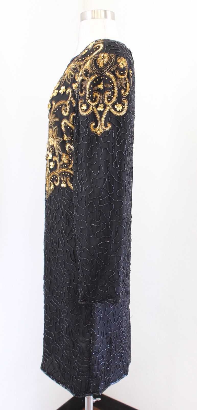 Vtg Laurence Kazar Black Gold Silk Beaded Sequin Scalloped Evening Party Dress L