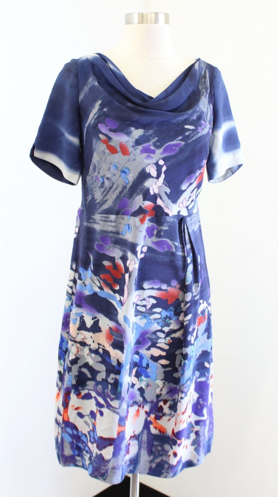 Coquille Anthropologie Japonica Blue Watercolor Silk Draped Neck Dress Size 2
