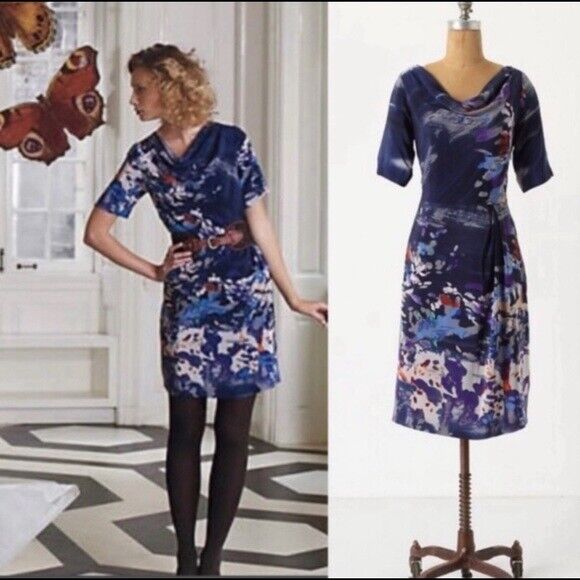 Coquille Anthropologie Japonica Blue Watercolor Silk Draped Neck Dress Size 2