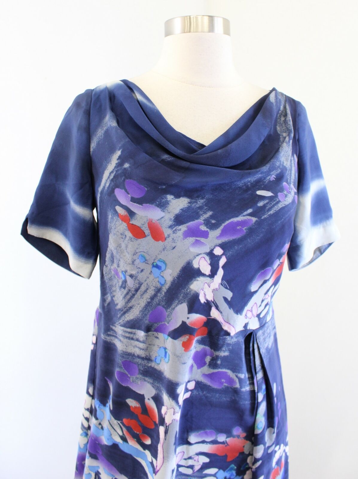 Coquille Anthropologie Japonica Blue Watercolor Silk Draped Neck Dress Size 2