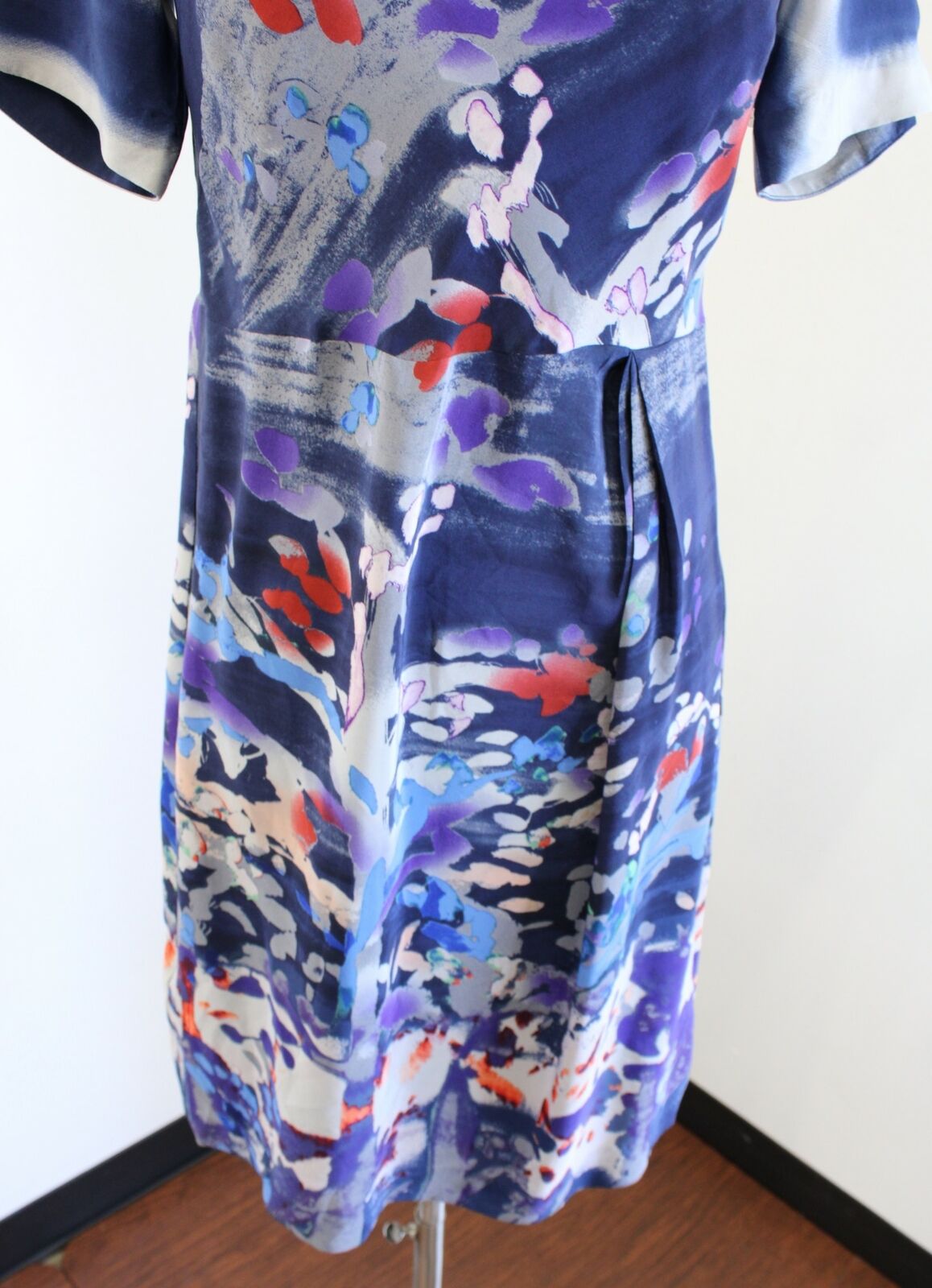 Coquille Anthropologie Japonica Blue Watercolor Silk Draped Neck Dress Size 2
