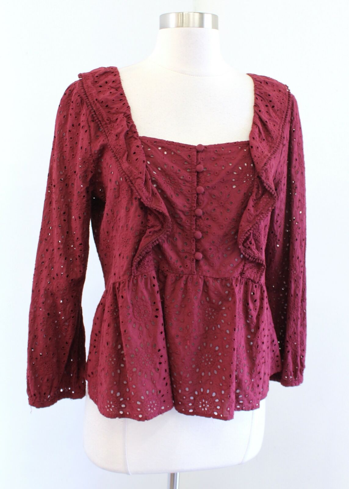 Madewell Burgundy Red Eyelet Lace Ruffle Pompom Trim Peasant Top Blouse Size M