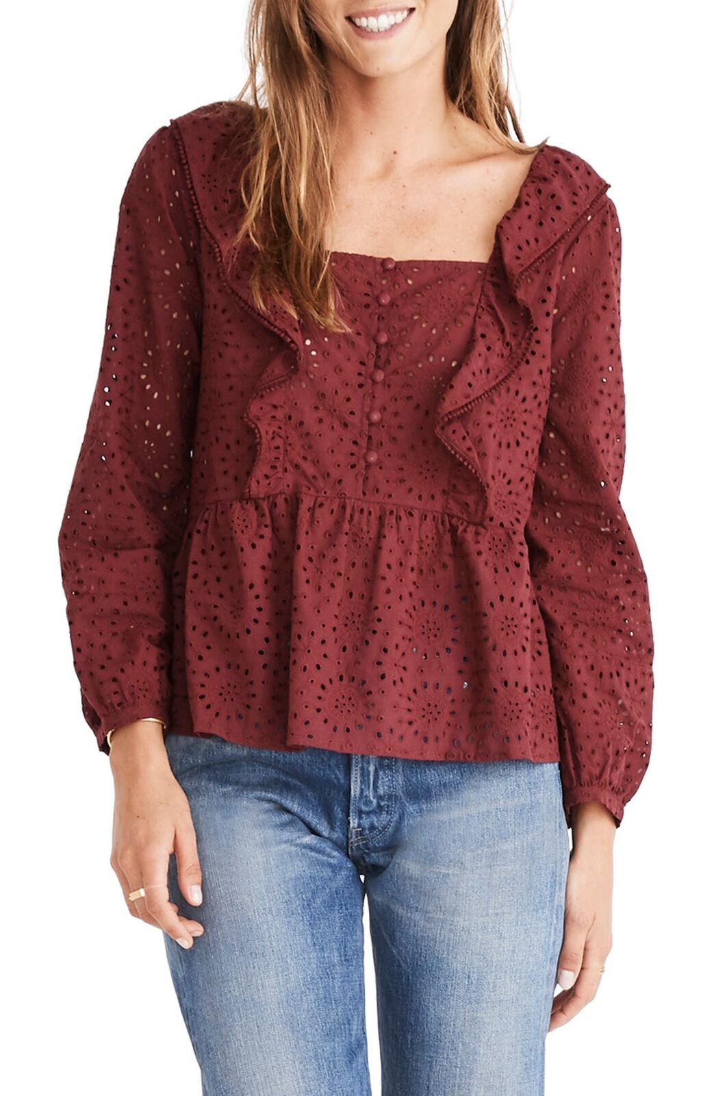 Madewell Burgundy Red Eyelet Lace Ruffle Pompom Trim Peasant Top Blouse Size M