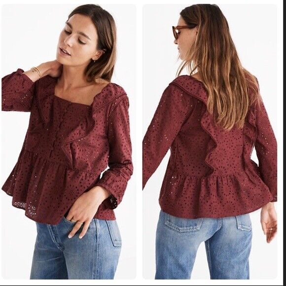 Madewell Burgundy Red Eyelet Lace Ruffle Pompom Trim Peasant Top Blouse Size M