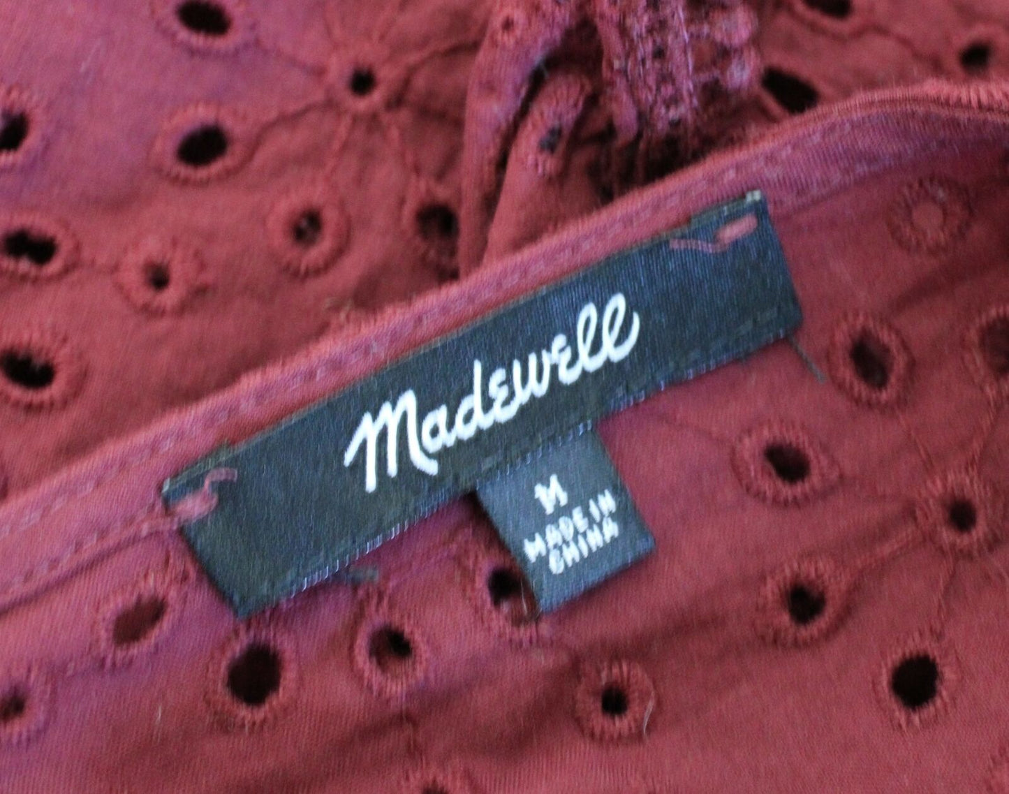 Madewell Burgundy Red Eyelet Lace Ruffle Pompom Trim Peasant Top Blouse Size M