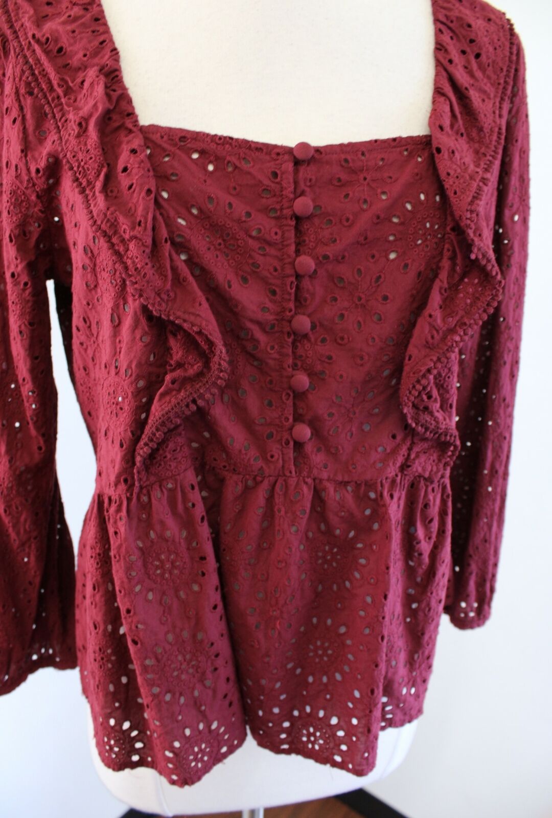 Madewell Burgundy Red Eyelet Lace Ruffle Pompom Trim Peasant Top Blouse Size M